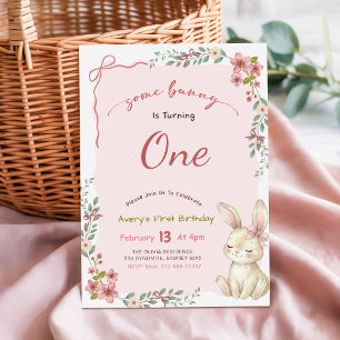 Coquette Rosa Band Kanin Blommig Kanin 1-årsdag Inbjudningar