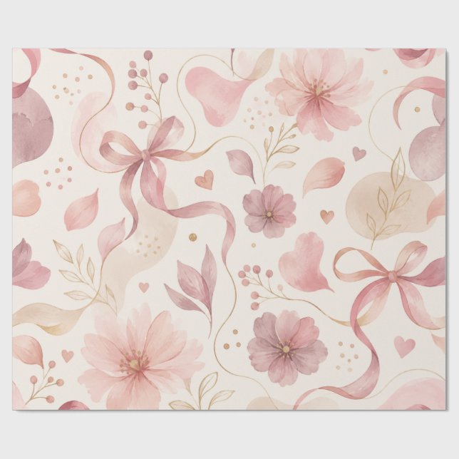 Coquette Rosa Blommig Band Inpackningspapper Presentpapper (Platt)