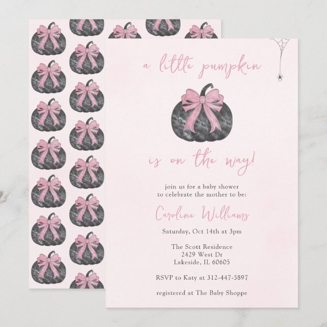 Coquette Rosa Bow A Little Pumpkin Fall Halloween Inbjudningar (Fram/baksida)