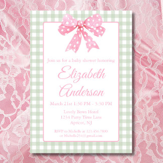 Coquette Rosa Bow and Sage Gingham Baby Shower Inbjudningar
