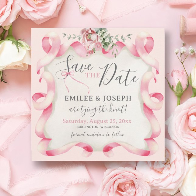 Coquette Rosa Bow Blommigt Bröllop spara datum Inbjudningar (Modern Trendy Coquette feminine pink bow ribbon floral vintage wedding save the date, Tying the Knot)
