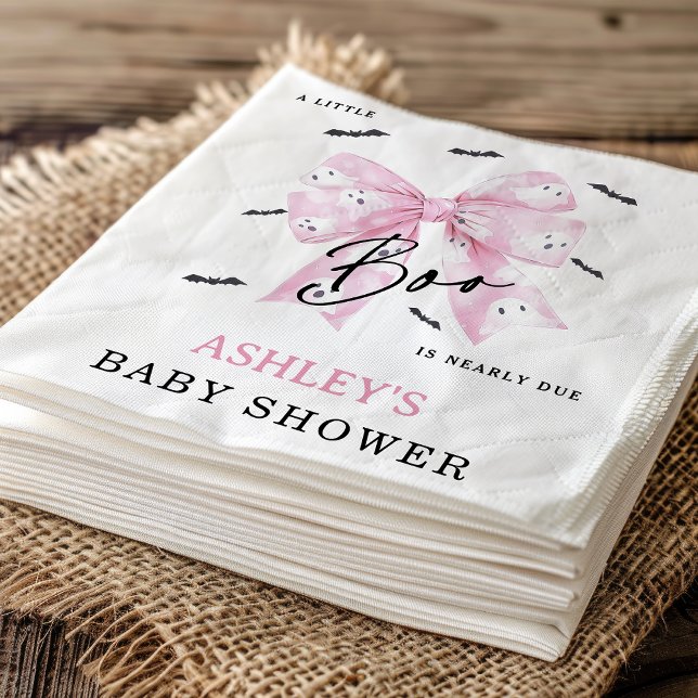 Coquette Rosa Bow Boo Baby Shower Pappersservett (Little Boo is Almost Due Baby Shower Paper Napkin, Croquette Pink Bow Halloween Little Boo Napkin)