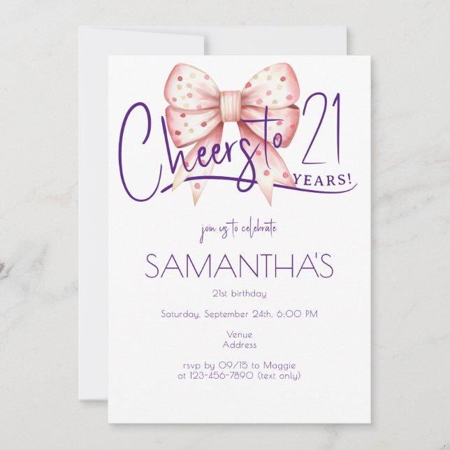 Coquette Rosa Bow Cheers 21:a födelsedagsfoto Inbjudningar (Framsida)