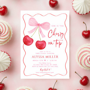 Coquette Rosa Bow Cherry på Top Baby Shower Inbjudningar