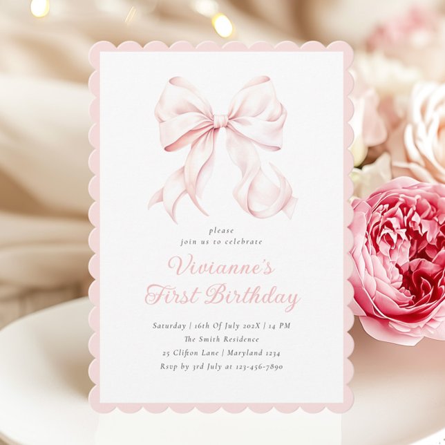 Coquette Rosa Bow Girl First Birthday-inbjudan Inbjudningar (Skapare uppladdad)