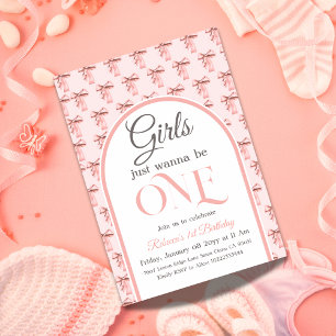 Coquette Rosa Bow Girl First Birthday Inbjudningar
