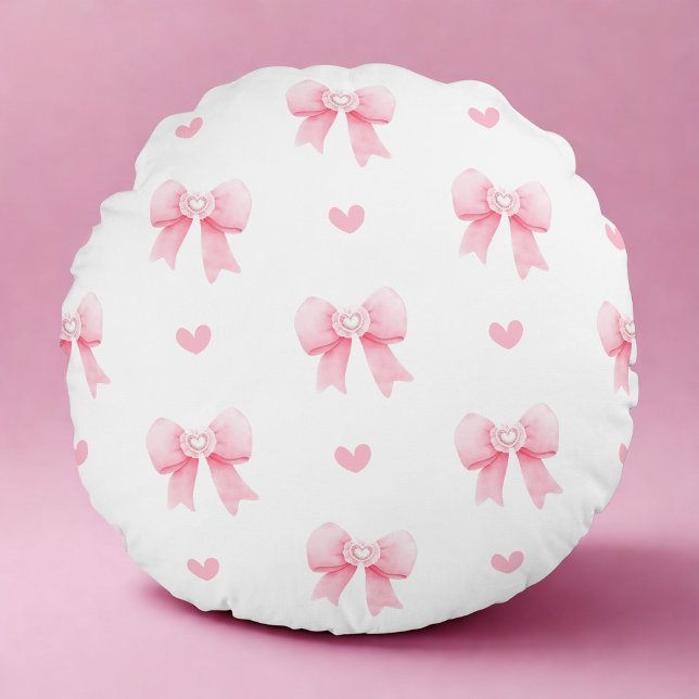 Coquette Rosa Bow & Heart Rund Kudde (Skapare uppladdad)
