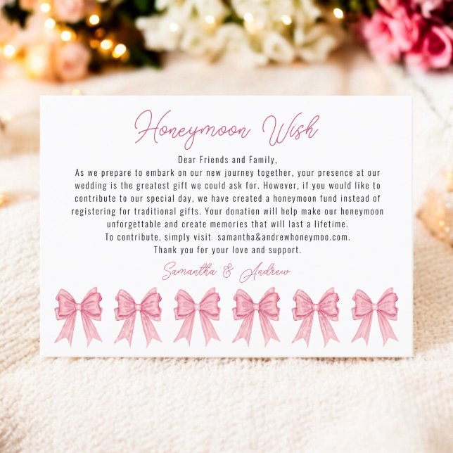 Coquette Rosa Bow Honeymoon Wish Möhippa Tilläggskort (Coquette Pink Bow Honeymoon Wish Bridal Shower Enclosure Card)