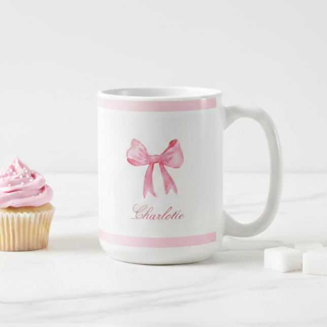 Coquette Rosa Bow Kaffemugg (pink coquette bow mug with custom name in script caliigraphy, personalized birthday gift for girls)