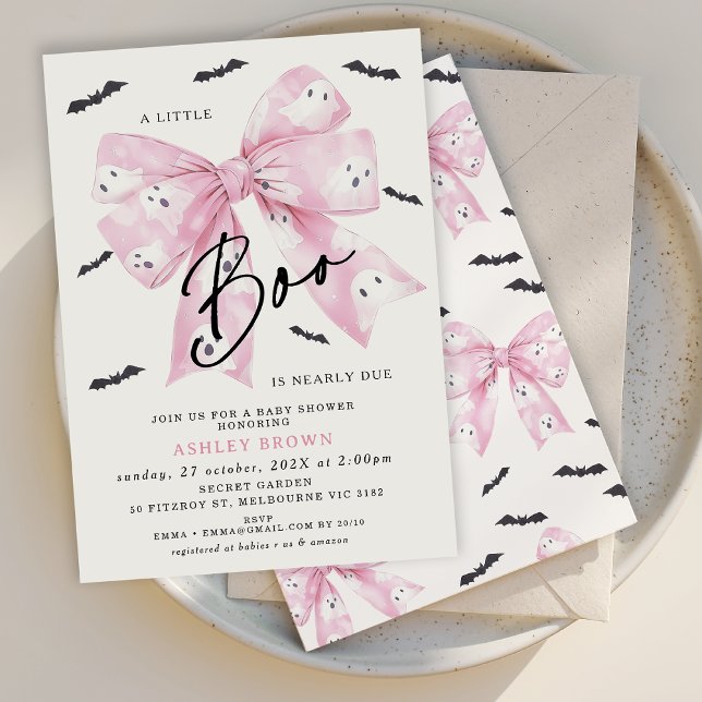 Coquette Rosa Bow Little Boo Baby Shower Inbjudningar (Little Boo is Almost Due Baby Shower Invitation, Croquette Halloween Little Boo Baby Shower Invite)