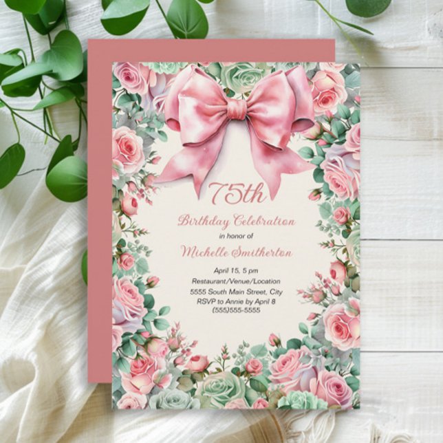 Coquette Rosa Bow Mint Grönt Blommigt 75:e Birthda Inbjudningar (Coquette Pink Bow and Roses with Mint Green Watercolor Floral 75th Birthday Invitation)