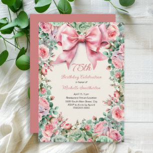 Coquette Rosa Bow Mintgrön Blommig 75-årsdag Inbjudningar