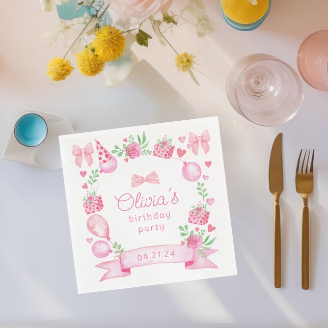 Coquette Rosa Bow Preppy Girl Birthday Pappersservett (cute napkin for preppy pink coquette baby girl birthday parties)