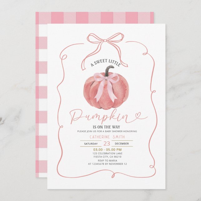 Coquette Rosa Bow Pumpkin Baby Shower Inbjudningar (Fram/baksida)