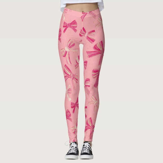 Coquette Rosa Bow Randigt Sömlöst Mönster Leggings (Framsida)