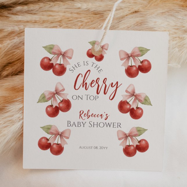 Coquette Rosa Bow Red Cherry på Top Baby Shower Gåvor Etiketter (Skapare uppladdad)