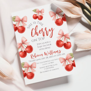 Coquette Rosa Bow Red Cherry på Top Baby Shower Inbjudningar