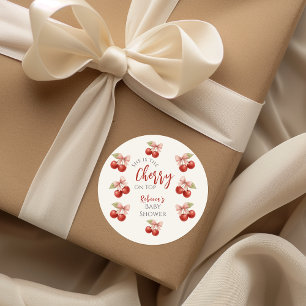 Coquette Rosa Bow Red Cherry på Top Baby Shower Runt Klistermärke