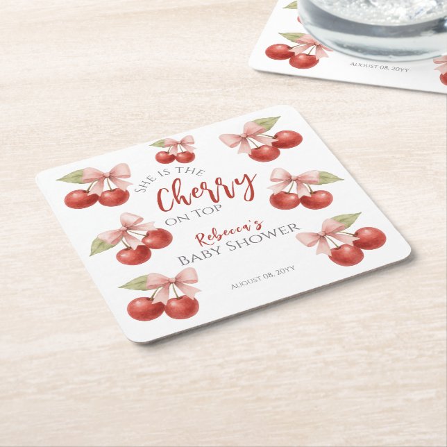 Coquette Rosa Bow Red Cherry på Top Baby Shower Underlägg Papper Kvadrat (Vinklad)