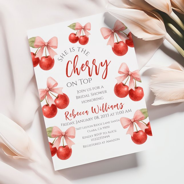 Coquette Rosa Bow Red Cherry på Top Möhippa Inbjudningar (Skapare uppladdad)