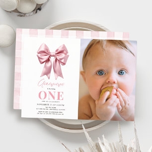 Coquette Rosa Bow Ribbon Girl 1 Birthday Photo Inbjudningar