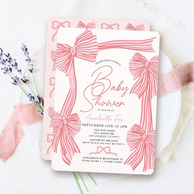Coquette Rosa Bow/Ribbon Girl Baby Shower Inbjudningar (Skapare uppladdad)