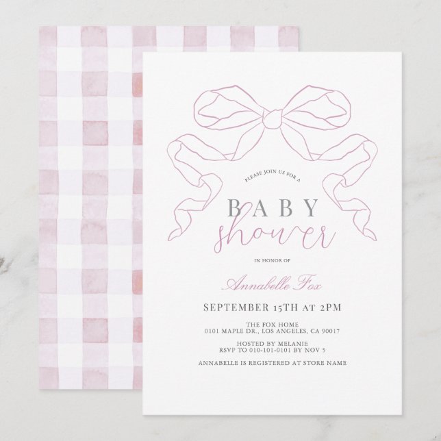 Coquette Rosa Bow/Ribbon Girl Baby Shower Inbjudningar (Fram/baksida)
