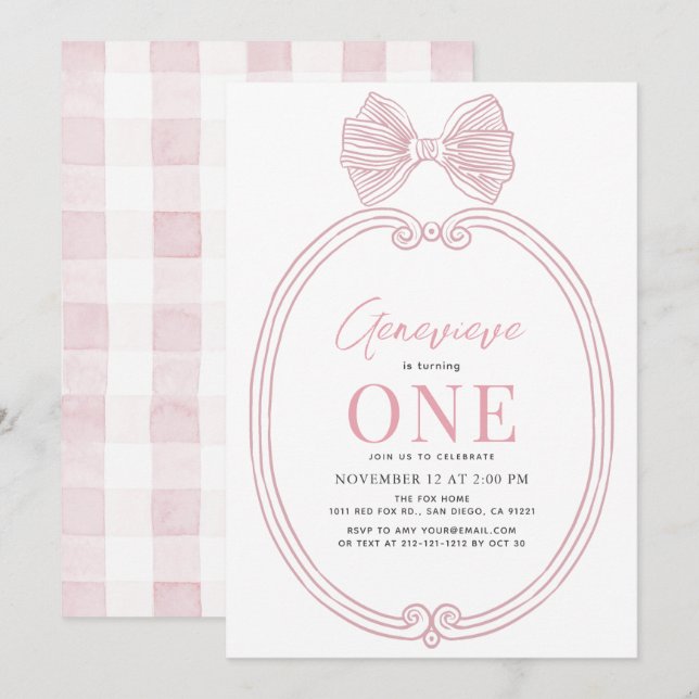 Coquette Rosa Bow Ribbon Ram Girl 1 Birthday Inbjudningar (Fram/baksida)