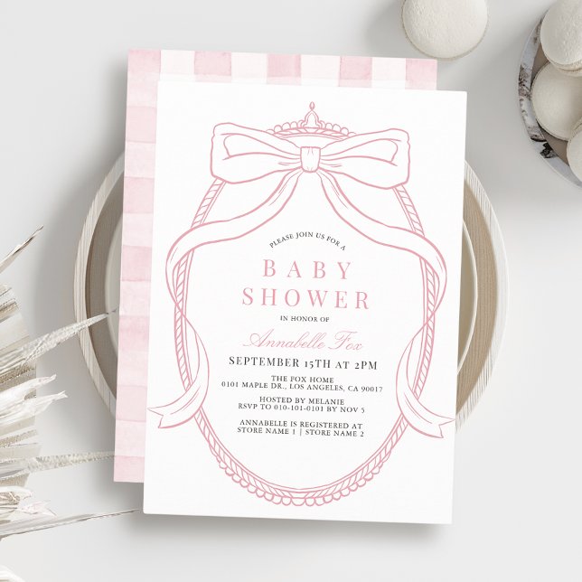 Coquette Rosa Bow/Ribbon Tiara Girl Baby Shower Inbjudningar (Skapare uppladdad)