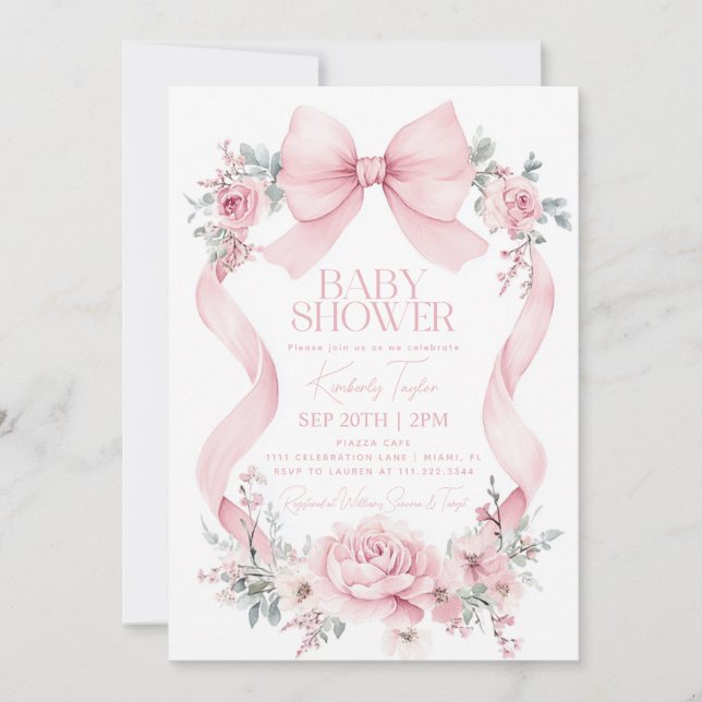 Coquette Rosa Bow Ro Flowers Baby Shower Inbjudningar (Framsida)