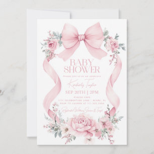 Coquette Rosa Bow Ro Flowers Baby Shower Inbjudningar