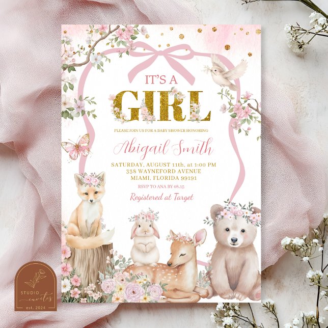 Coquette rosa bow skogs djur baby shower inbjudningar (Skapare uppladdad)