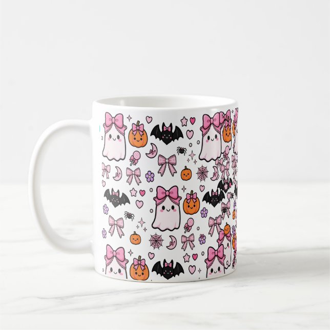 Coquette Rosa Bow Spök Halloween Mönster Kaffemugg (Vänster)