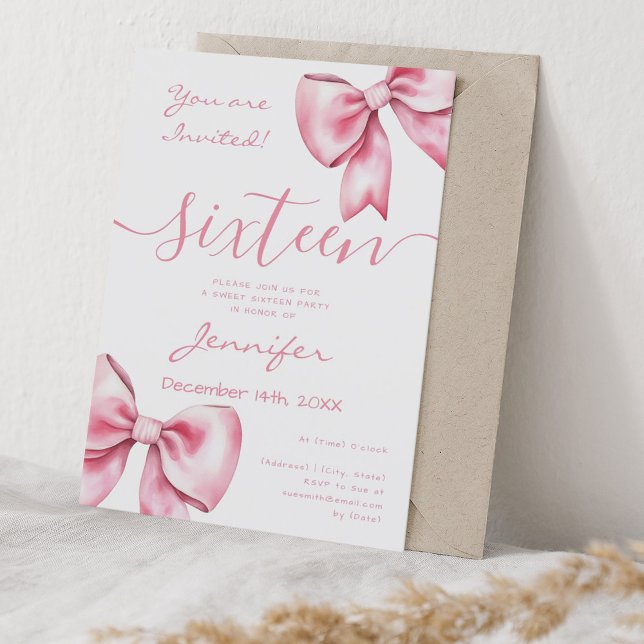 Coquette  Rosa Bow Sweet 16 Birthday Inbjudningar (Coquette Blush Pink Bow Sweet 16 Birthday Invitation)