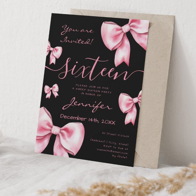 Coquette  Rosa Bow Sweet 16 Party Black Inbjudningar (Coquette Blush Pink Bow Sweet 16 Party Black Invitation)