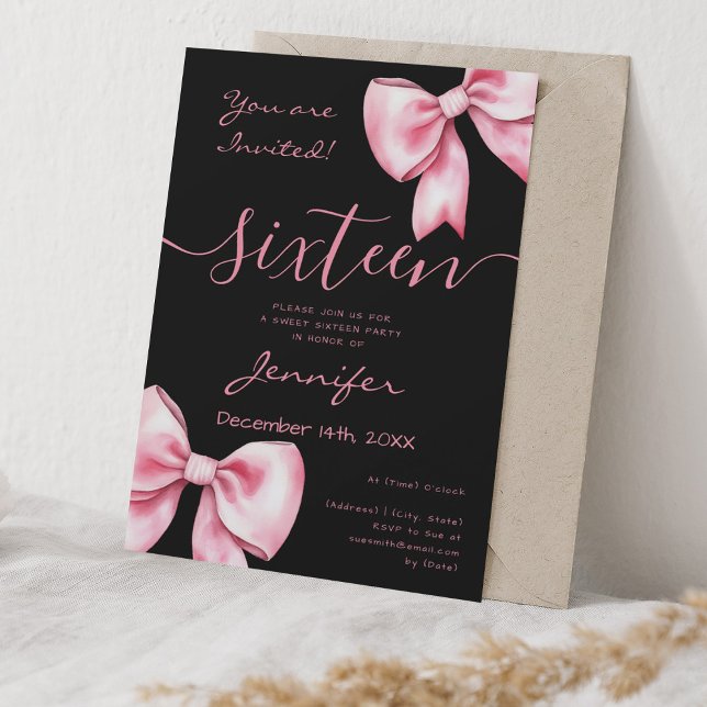 Coquette  Rosa Bow Sweet 16 Party Black Inbjudningar (Coquette Blush Pink Bow Sweet 16 Party Black Invitation)