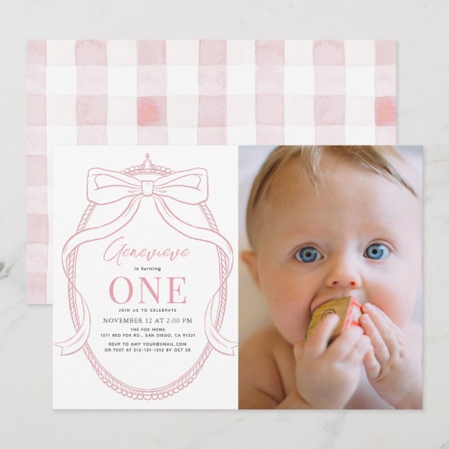 Coquette Rosa Bow Tiara Girl 1 Birthday Photo Inbjudningar (Fram/baksida)