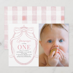 Coquette Rosa Bow Tiara Girl 1 Birthday Photo Inbjudningar
