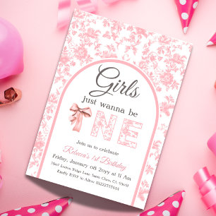 Coquette Rosa Bow Toile Girl Första födelsedagen Inbjudningar