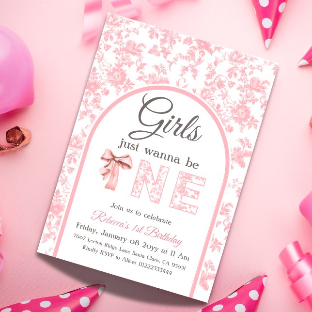 Coquette Rosa Bow Toile Girl Första födelsedagen Inbjudningar (Skapare uppladdad)