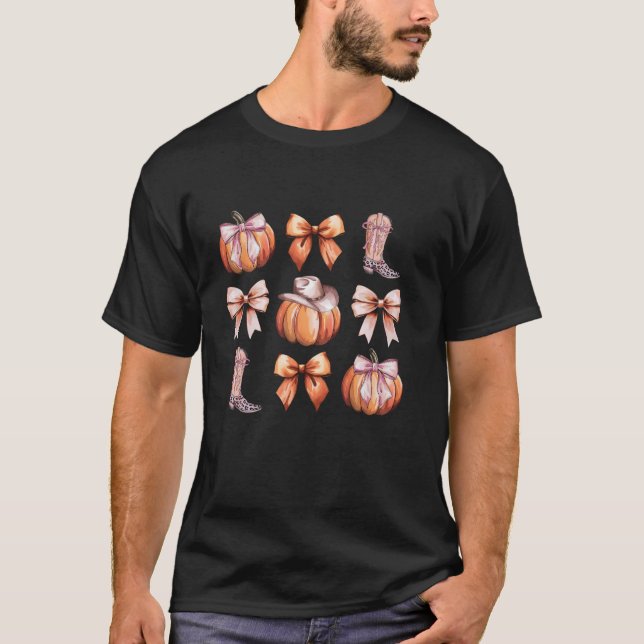 Coquette Rosa Bow Western Boots Pumpkin Cowboy Cow T Shirt (Framsida)