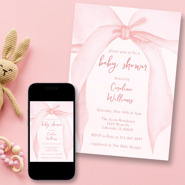 Coquette  Rosa Bow Whimsical Cute Baby Shower Inbjudningar (Skapare uppladdad)