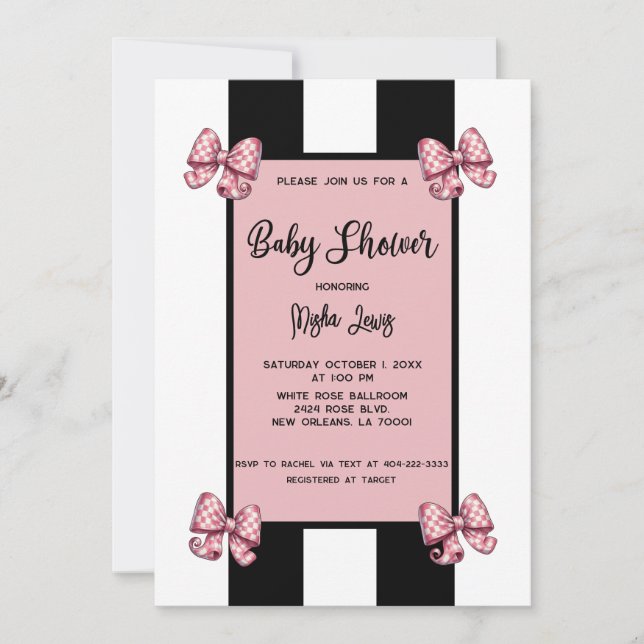 Coquette Rosa Bows Black Rand Baby Shower Inbjudningar (Framsida)