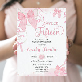 Coquette Rosa Bows Pearls Sweet Femton Birthday Inbjudningar