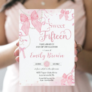 Coquette Rosa Bows Pearls Sweet Femton Birthday Inbjudningar