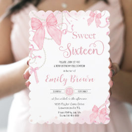 Coquette Rosa Bows Pearls Sweet sixteen Birthday Inbjudningar