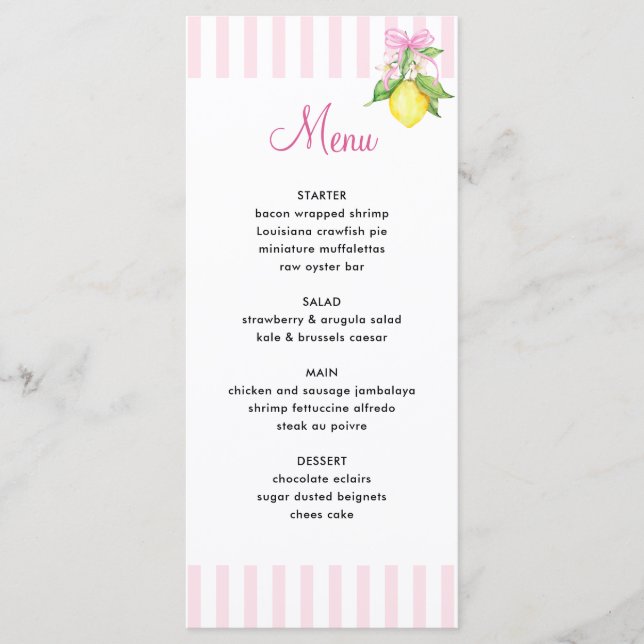 Coquette Rosa Citroner Baby Shower Meny (Framsida)