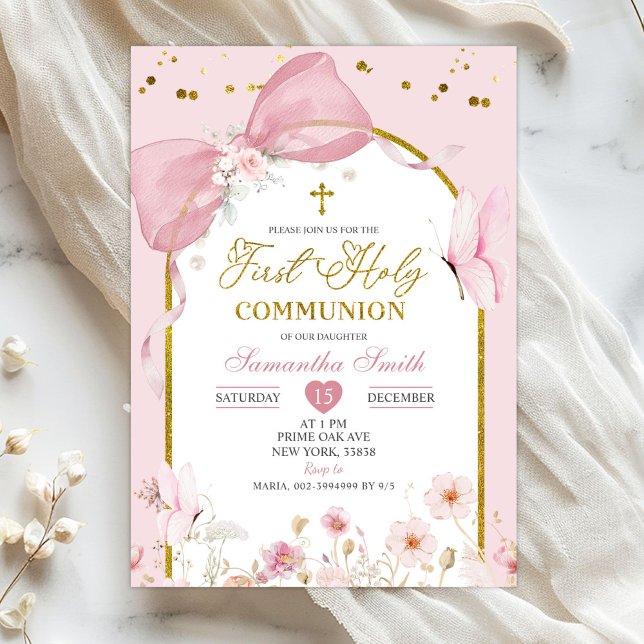 Coquette Rosa Fjäril Första Nattvarden Inbjudningar (Skapare uppladdad)