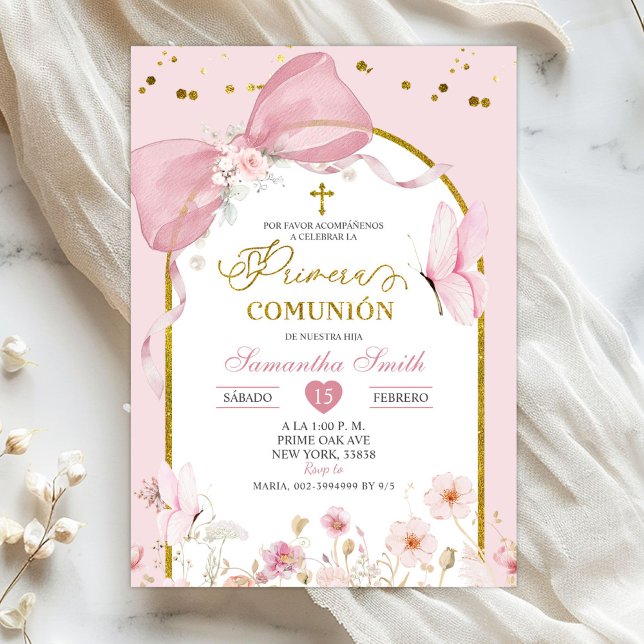 Coquette Rosa Fjäril Primera Kommunion Inbjudningar (Skapare uppladdad)