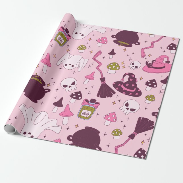 coquette rosa halloween häxcauldron hattbroom presentpapper (Utrullad)
